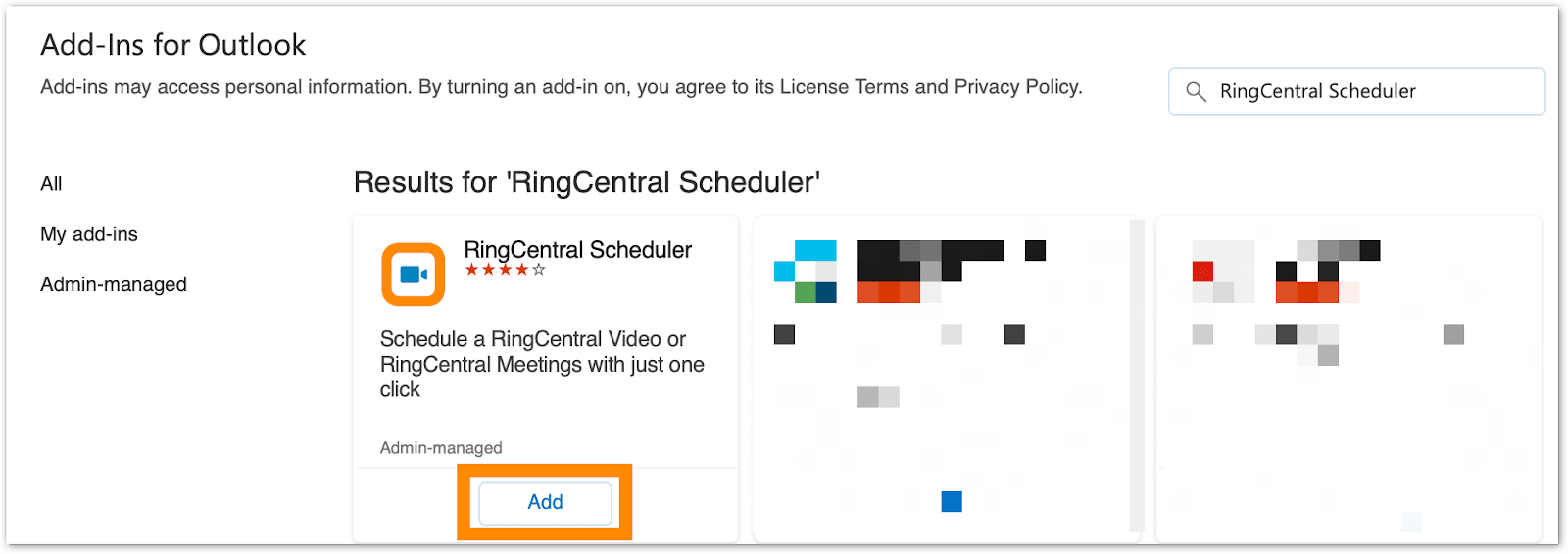Installing RingCentral Scheduler Outlook addin as a user RingCentral