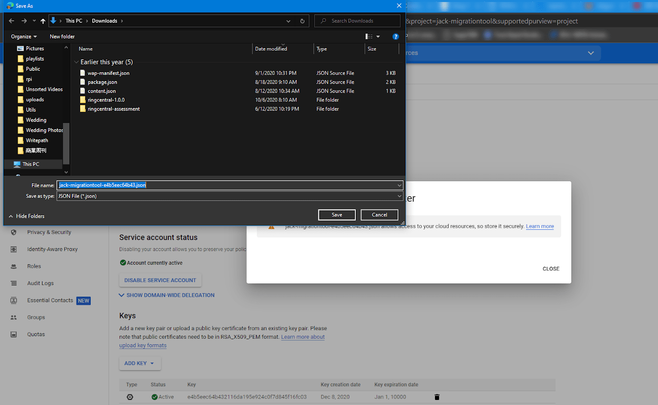 Creating a Google service account and key file RingCentral Video